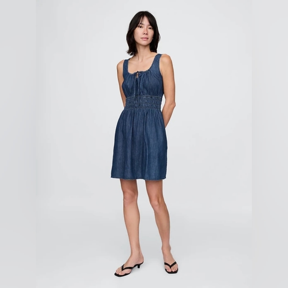 GAP Denim Tie-Front Smocked Waist Mini Dress